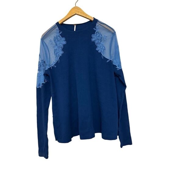 Free People Women M top blue Daniella embroidered long sleeves illusion shirt - Picture 3 of 11